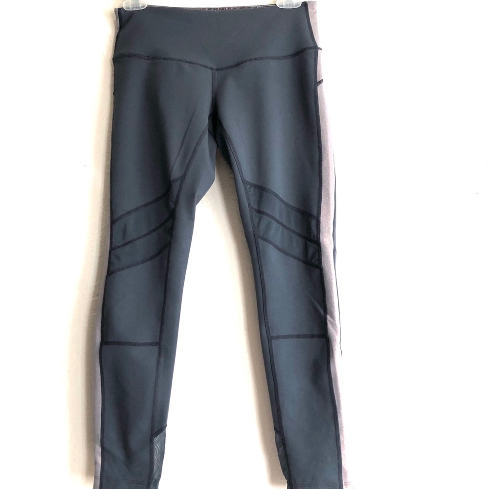 Zella Gray Crop Leggings with Metallic striping and mesh panels Small